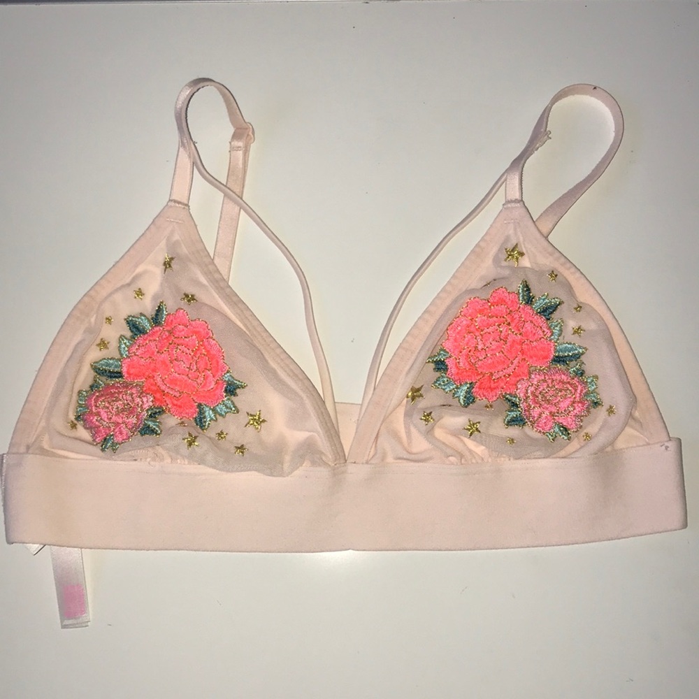A rose embroidered baby pink bralette
